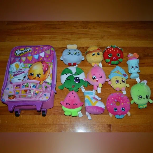 Shopkins suitcase and lot of 6” plush dolls NEW